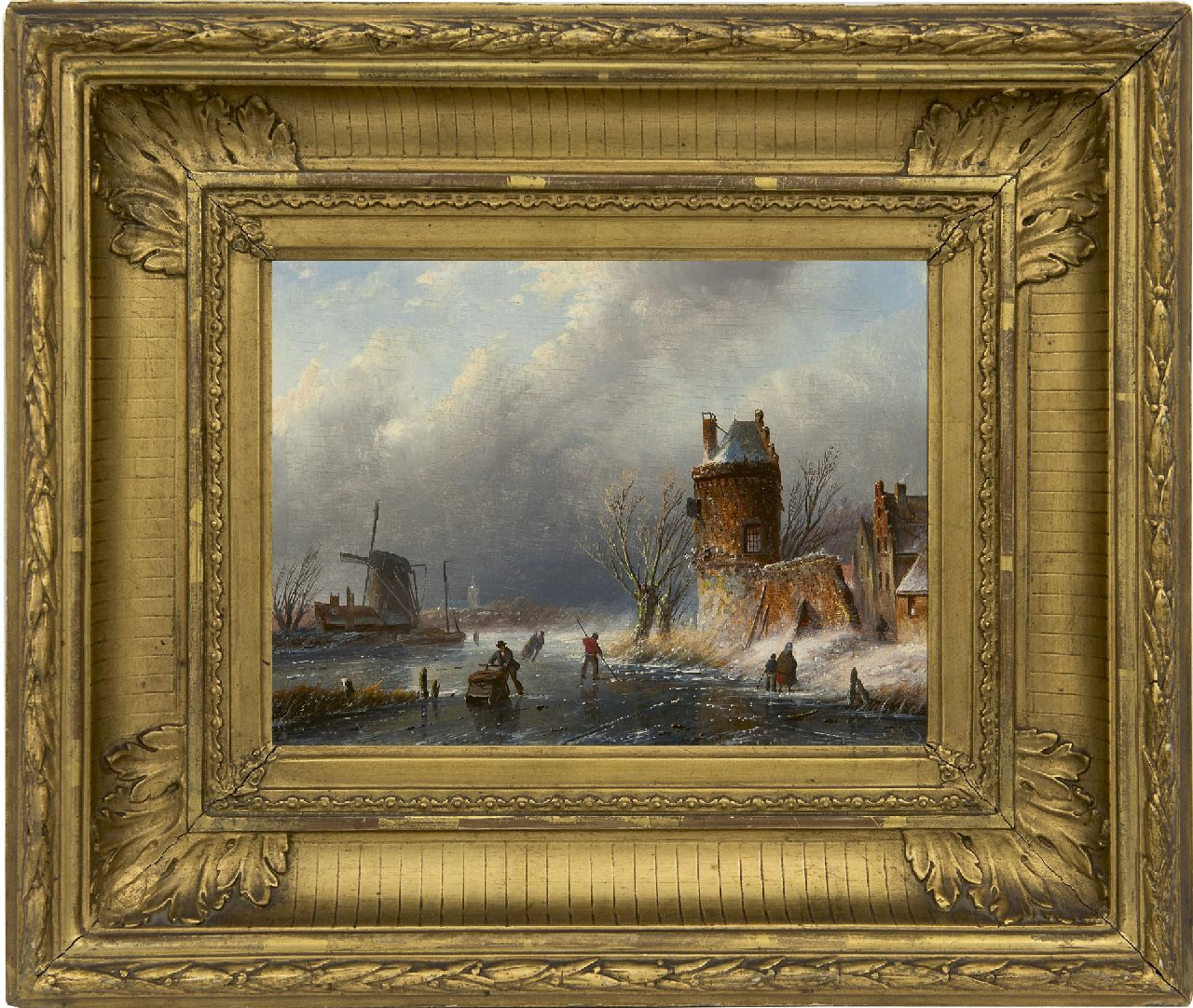 Spohler J.J.C.  | Jacob Jan Coenraad Spohler, A winter landscape with skaters, oil on panel 15.6 x 21.1 cm, signed l.r. with initials