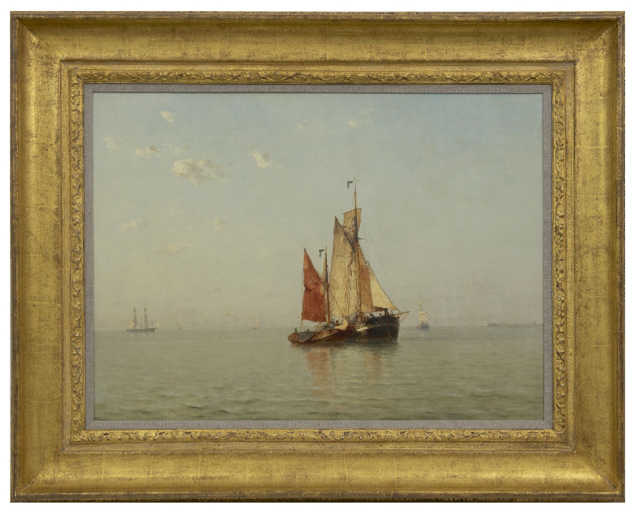 Schütz J.F.  | Jan Frederik Schütz, Sailing ships at anchor on a calm sea, Zeeland, oil on canvas 52.5 x 71.0 cm, signed l.l. and dated '86