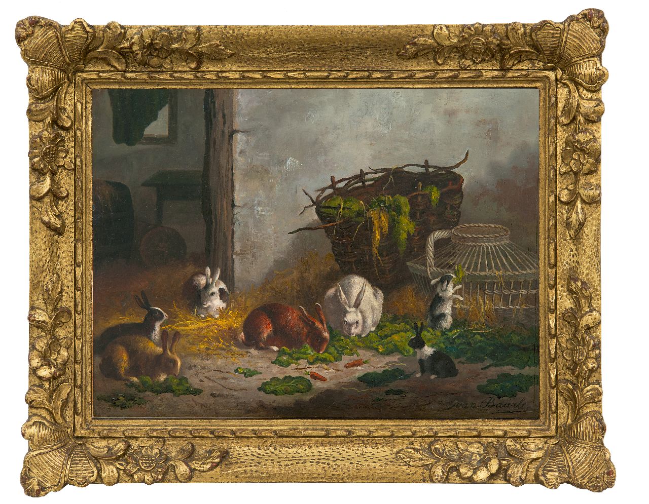 Baarle N. van | Nicolaas 'Nico' van Baarle, Feeding time in the rabbit stable, oil on panel 27.0 x 36.3 cm, signed l.r.