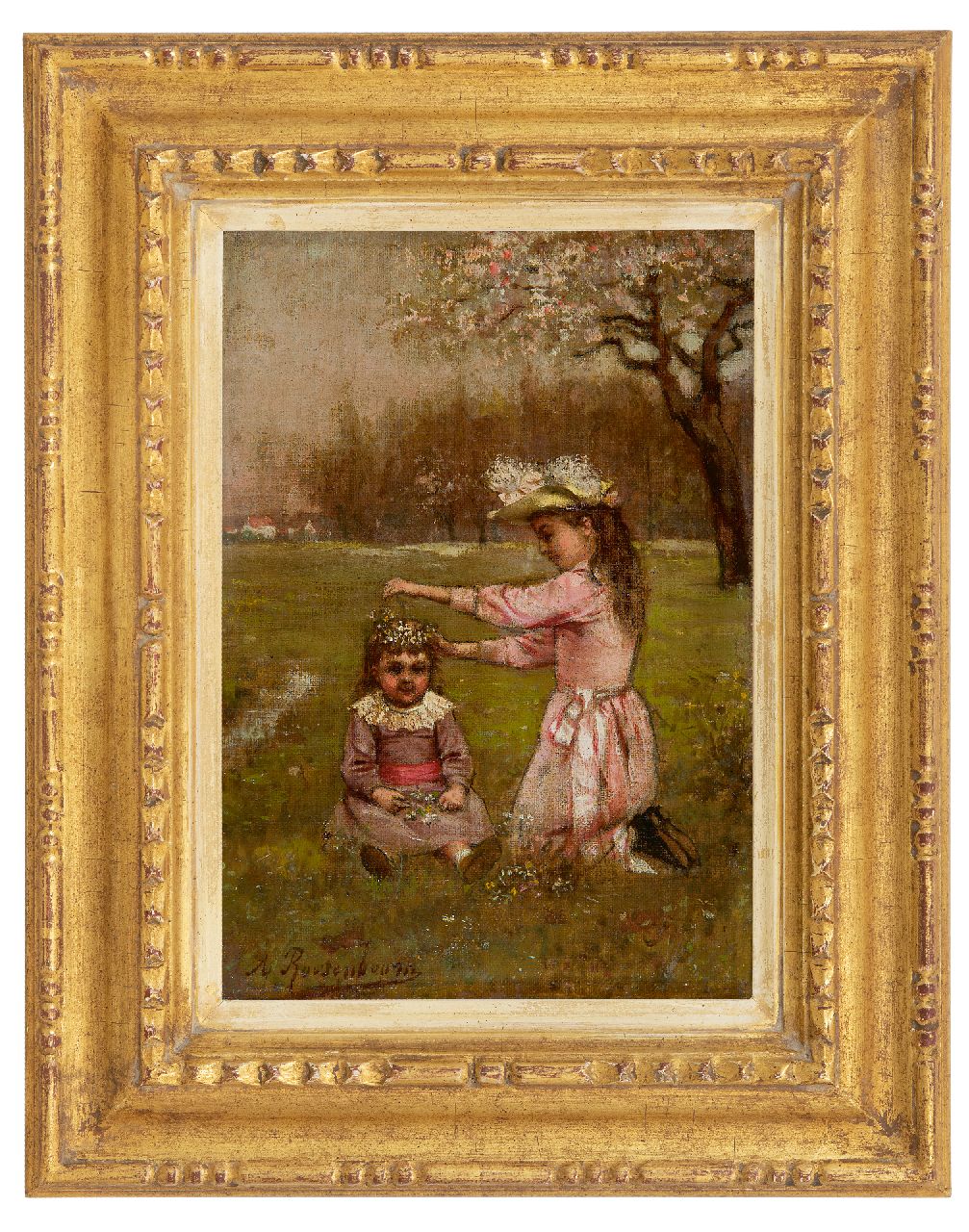 Roosenboom A.  | Albert Roosenboom, The flower garland, oil on canvas 26.2 x 18.3 cm, signed l.l.
