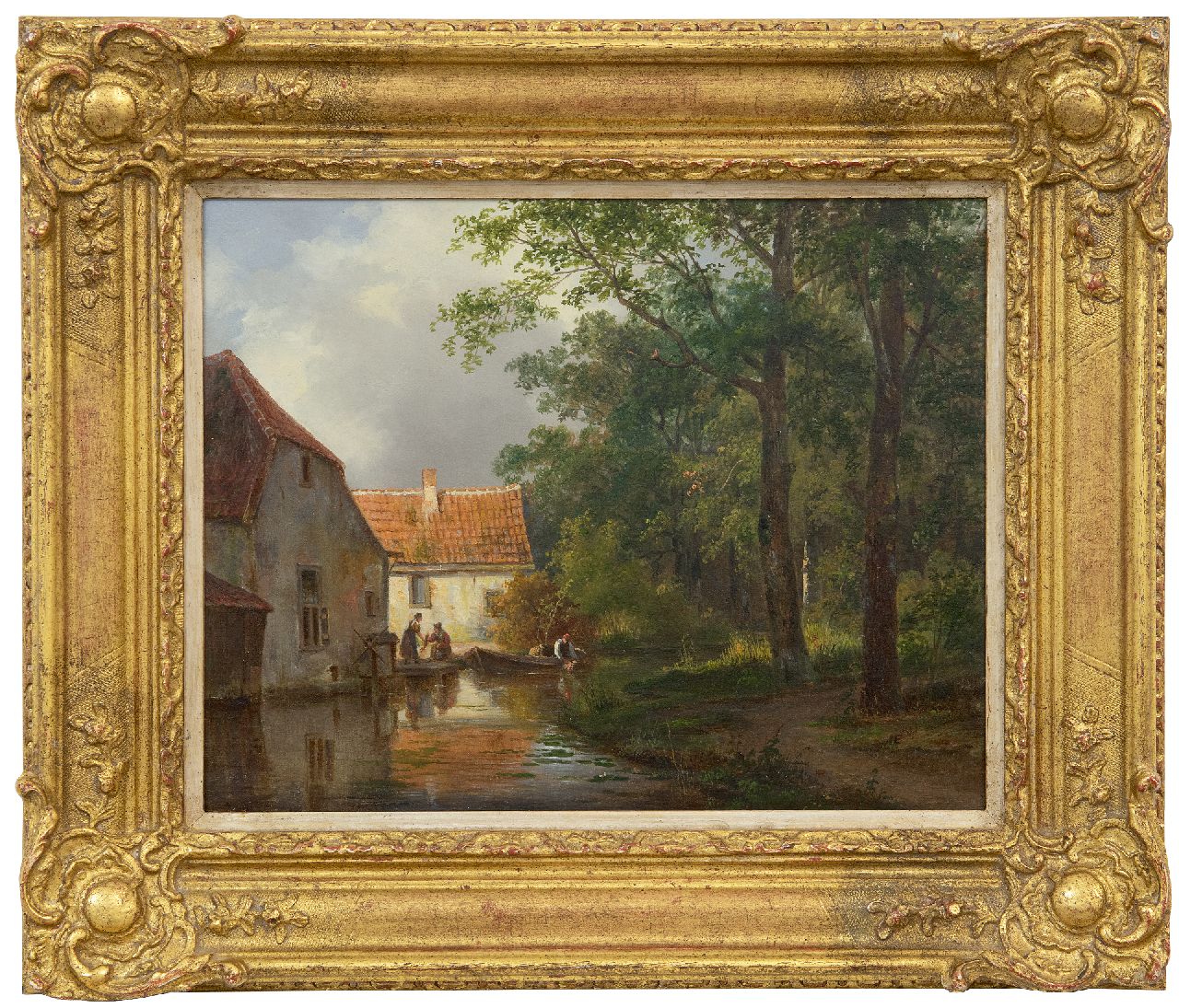 Breuhaus de Groot F.  | Frans Breuhaus de Groot | Paintings offered for sale | Selling fish along a town brook, oil on panel 24.4 x 30.6 cm, signed l.r. (vaguely)