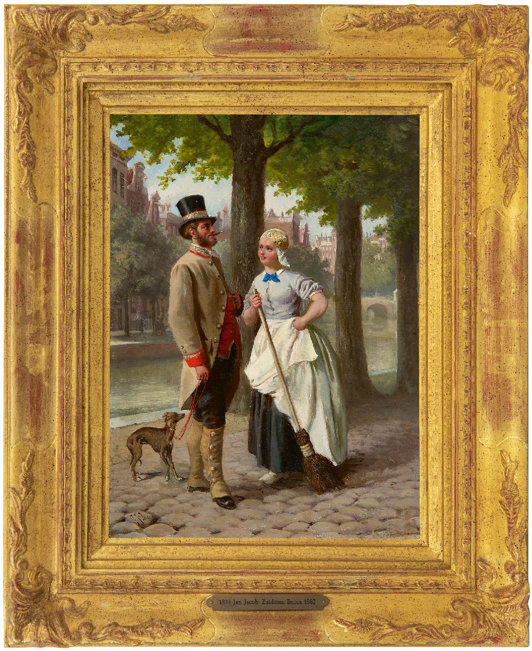 Zuidema Broos J.J.  | Jan Jacob Zuidema Broos | Paintings offered for sale | Romance along the canal, Amsterdam, oil on panel 29.0 x 21.0 cm, signed l.l.