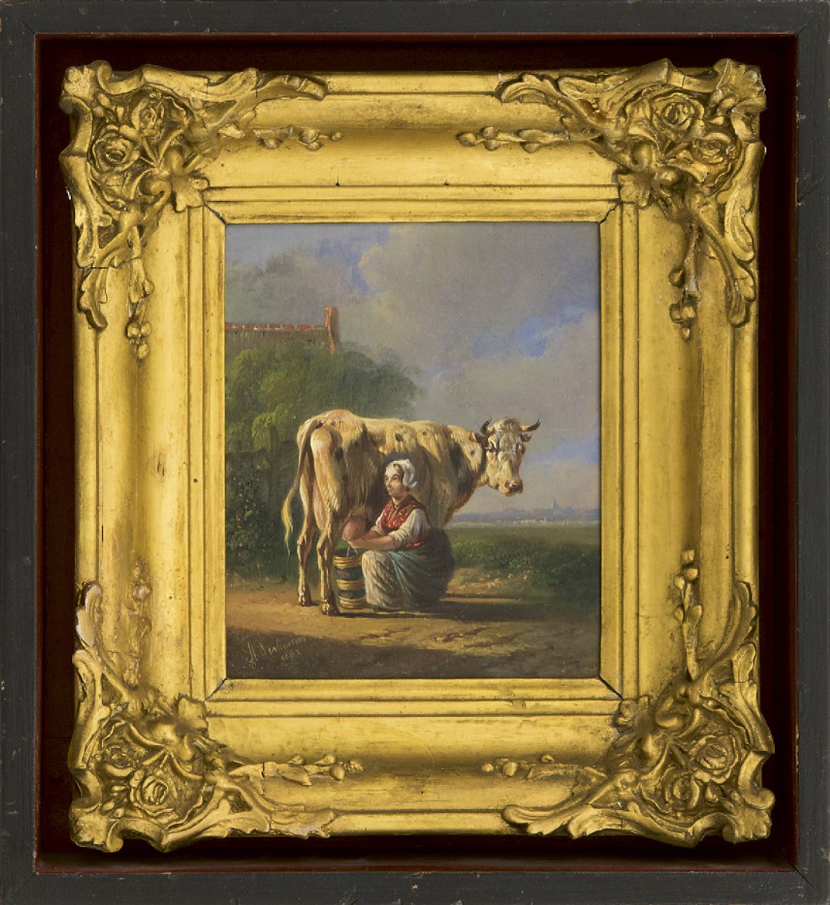 Verhoesen A.  | Albertus Verhoesen, A peasant woman milking a cow, oil on panel 12.5 x 10.4 cm, signed l.l. and dated 1863