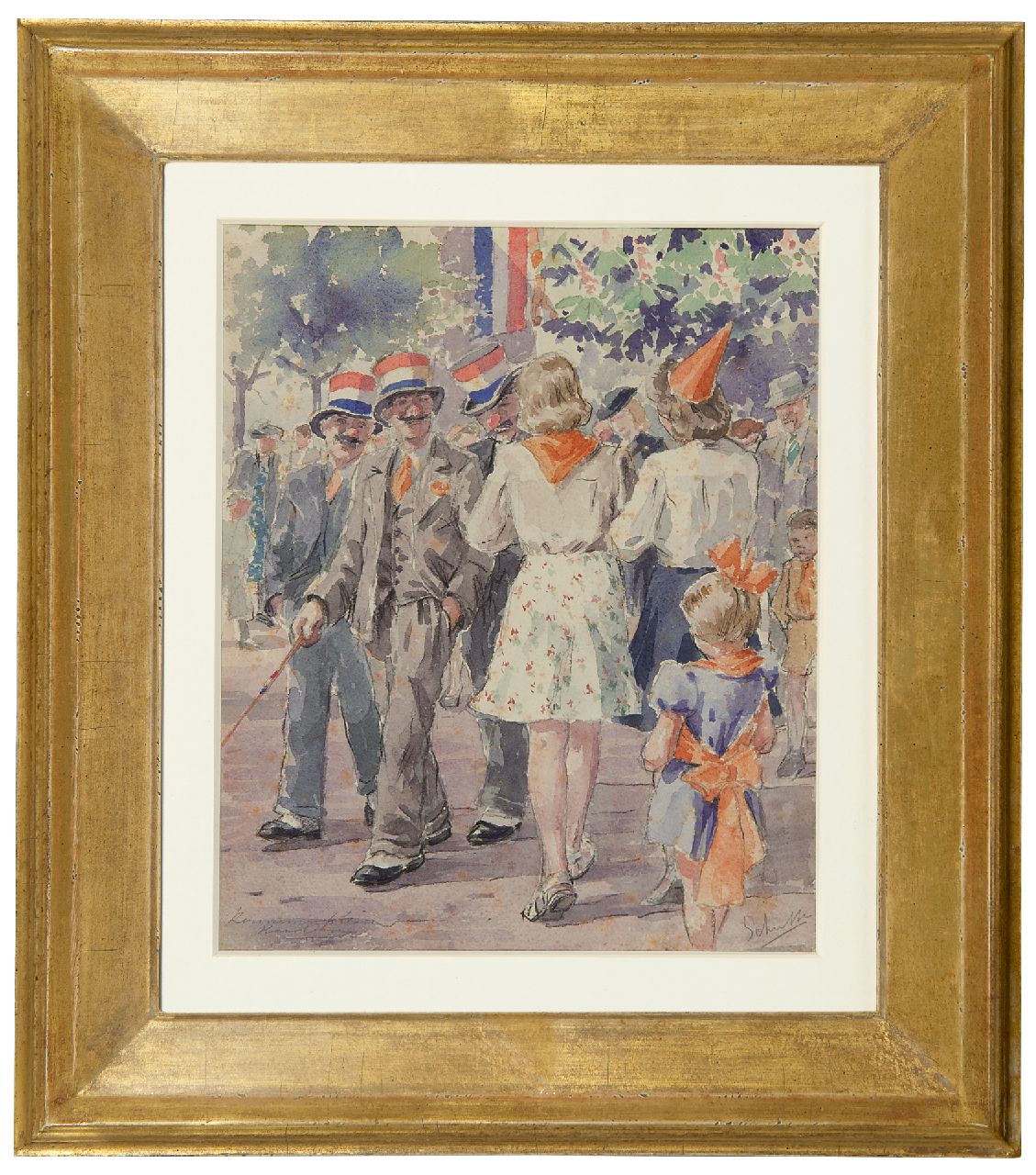 Schutte L.H.H.  | 'Louis' Hermanus Hendrikus Schutte | Watercolours and drawings offered for sale | Celebrating the Queen's Birthday on the Kennemerplein in Haarlem, chalk and watercolour on paper 25.4 x 20.9 cm, signed l.r.