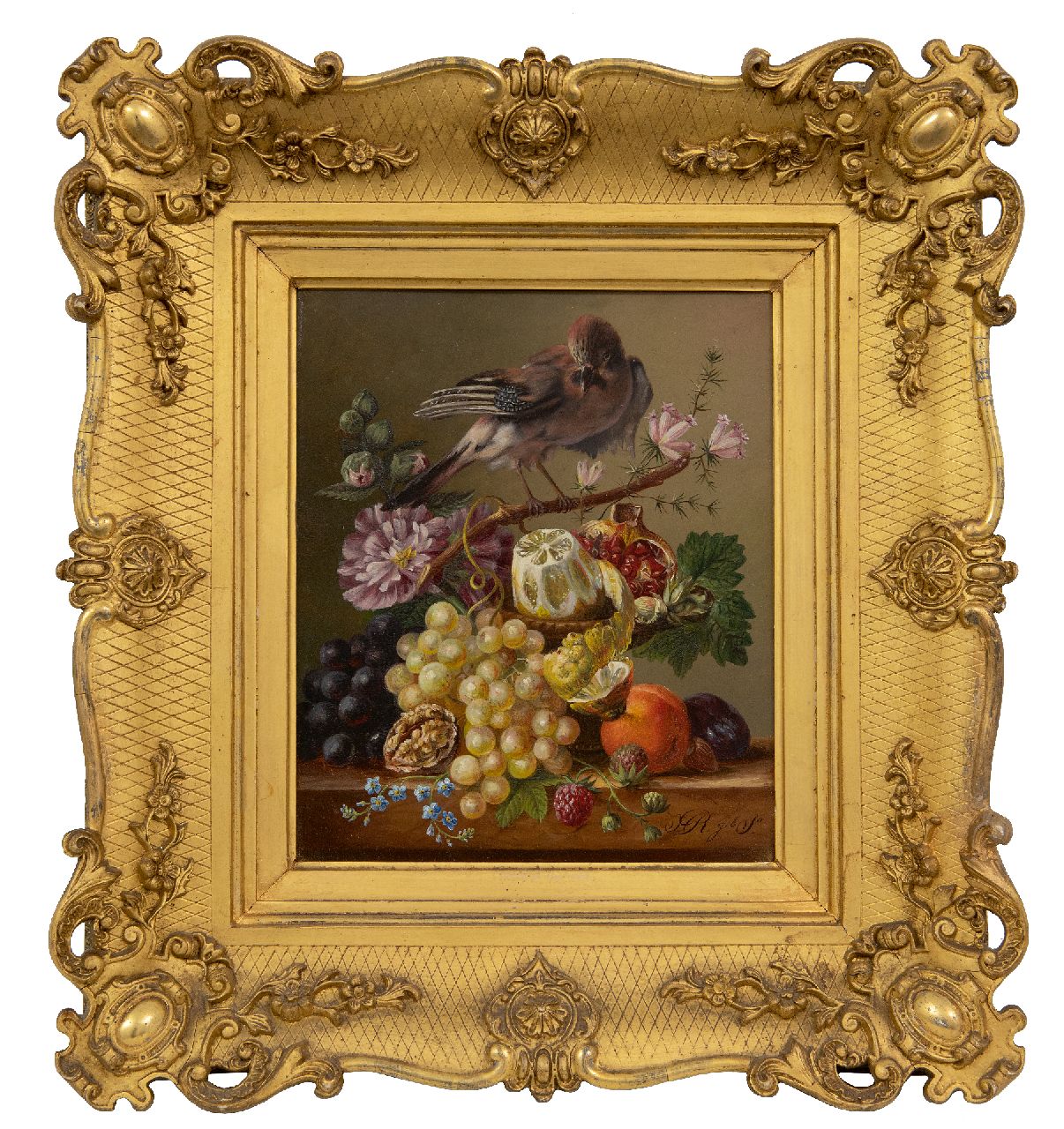 Onbekend   | Onbekend | Paintings offered for sale | A still life with fruit and a bird on a branch, oil on panel 21.5 x 18.0 cm, signed l.r.  'H R geb. S'