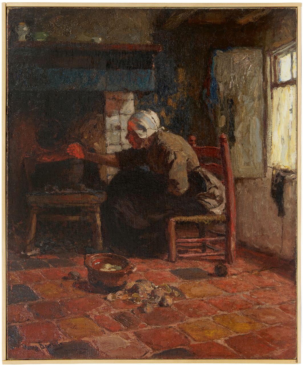 Bartels H. von | Hans von Bartels | Paintings offered for sale | A woman from Katwijk near the fireplace, oil on canvas 67.3 x 55.0 cm, signed l.l.