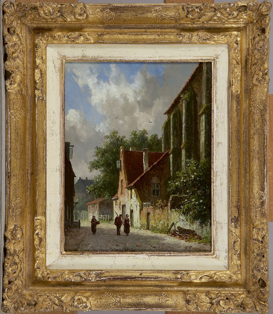 Eversen A.  | Adrianus Eversen, Figures in a sunny village street, oil on panel 18.9 x 14.9 cm, signed l.r. and on a label on the reverse