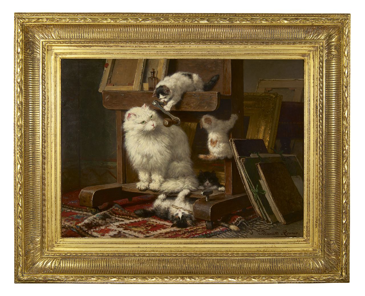 Ronner-Knip H.  | Henriette Ronner-Knip, Cat and her kittens in a painter's studio, oil on panel 54.5 x 72.0 cm, gesigneerd rechtsonder and dated 1878