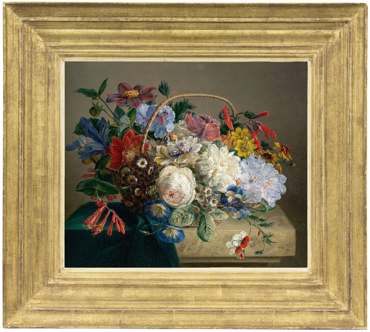 Weiss A.  | Anton Weiss | Paintings offered for sale | Bouquet in a basket, oil on panel 30.7 x 36.4 cm, signed l.c.