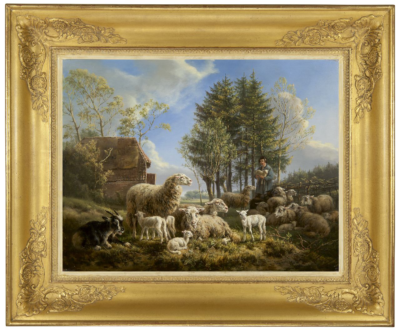 Ronner-Knip H.  | Henriette Ronner-Knip, Sheep with a shepherd in a landscape, oil on panel 46.3 x 60.1 cm, signed l.r. and dated 1840