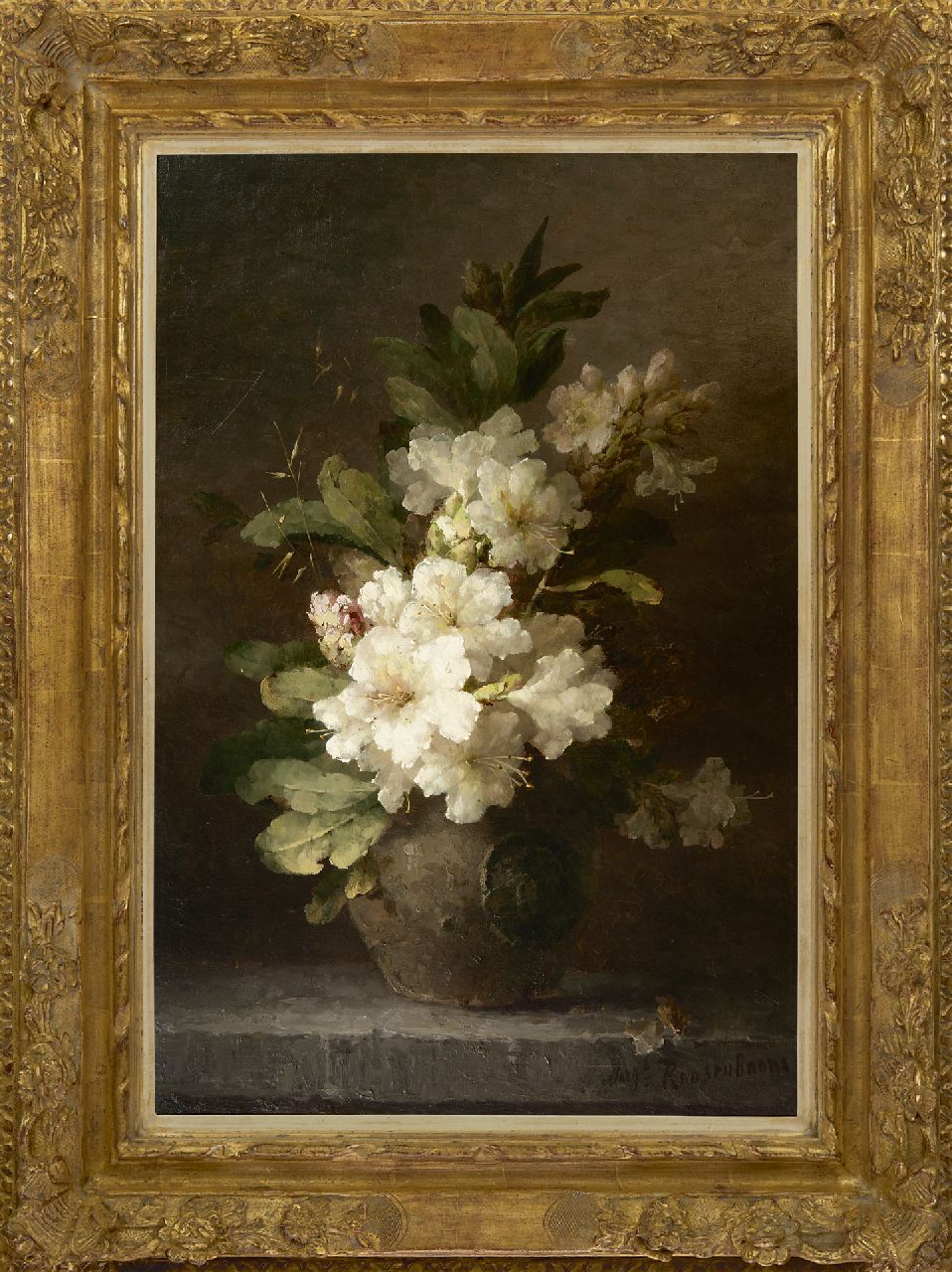 Roosenboom M.C.J.W.H.  | 'Margaretha' Cornelia Johanna Wilhelmina Henriëtta Roosenboom, Rhododendron branches in a stoneware vase, oil on canvas 64.8 x 43.5 cm, signed l.r.