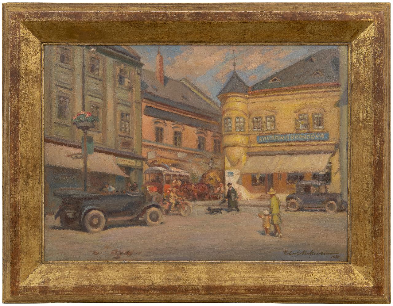 Hofmann R.  | Robert Hofmann | Paintings offered for sale | Marketplace in Kroměříž with the well known coffeehouse Kavárna Brándova, oil on painter's board 38.3 x 53.0 cm, signed l.l. and dated 1930