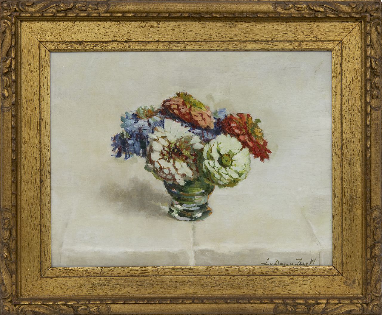 Dam van Isselt L. van | Lucie van Dam van Isselt, Zinnias, oil on panel 31.9 x 40.2 cm, signed l.r.