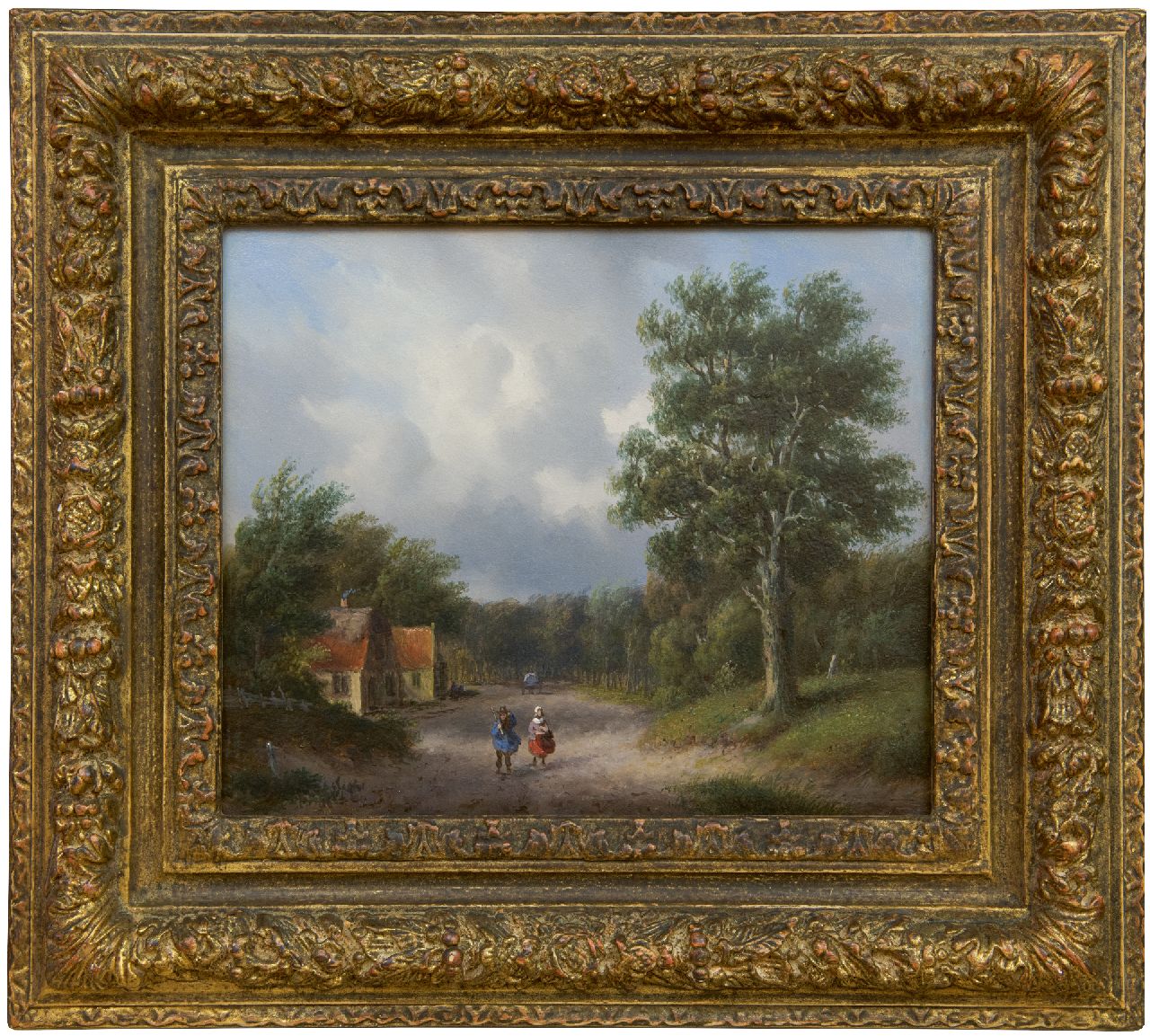 Ahrendts C.E.  | Carl Eduard Ahrendts | Paintings offered for sale | A wooded country road with landfolk, oil on panel 21.7 x 25.8 cm
