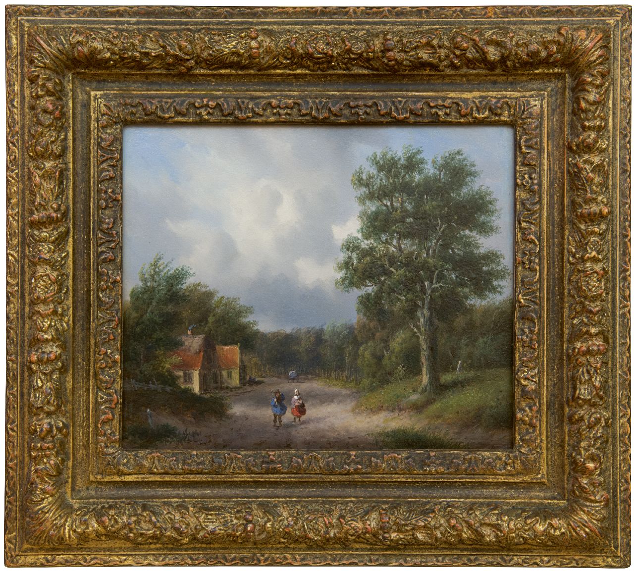 Ahrendts C.E.  | Carl Eduard Ahrendts | Paintings offered for sale | A wooded country road with landfolk, oil on panel 21.7 x 25.8 cm, signed l.r. remnants of signature