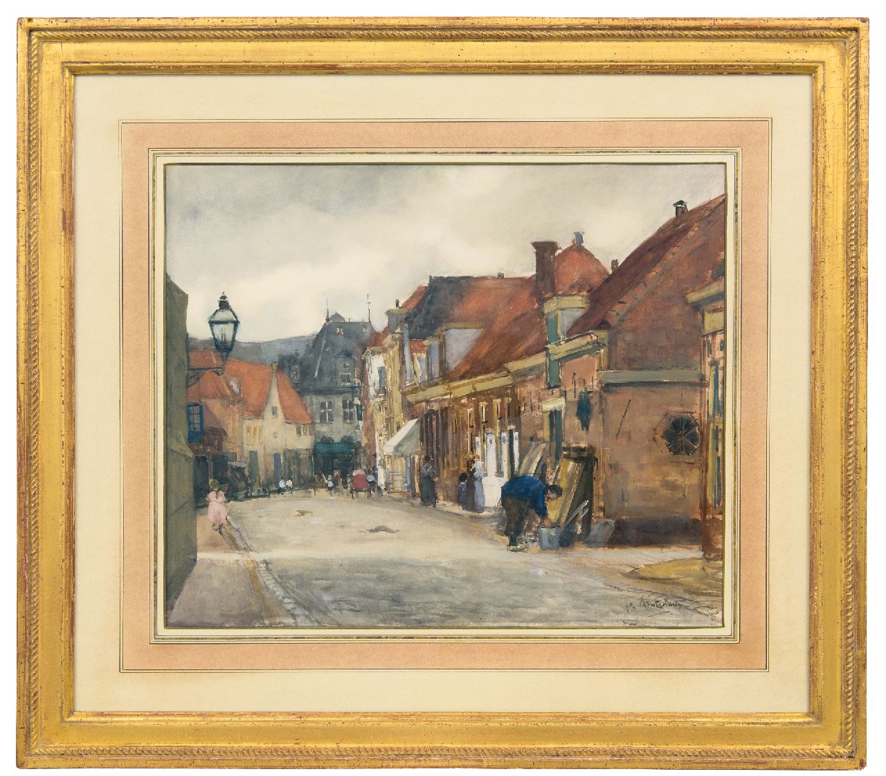 Arntzenius P.F.N.J.  | Pieter Florentius Nicolaas Jacobus 'Floris' Arntzenius | Watercolours and drawings offered for sale | A street in Hoorn with a view of the Kaaswaag, watercolour on paper 39.0 x 46.5 cm, signed l.r. and to be dated 18 August 1905