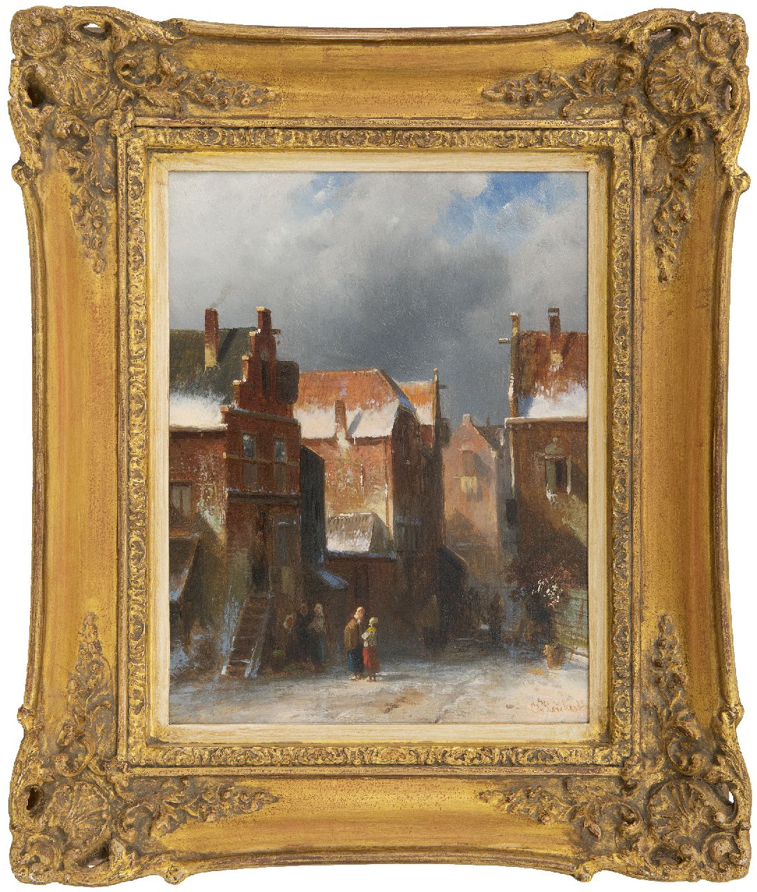 Leickert C.H.J.  | 'Charles' Henri Joseph Leickert | Paintings offered for sale | Figures in a snow-covered town, oil on panel 27.2 x 21.6 cm, signed l.r.