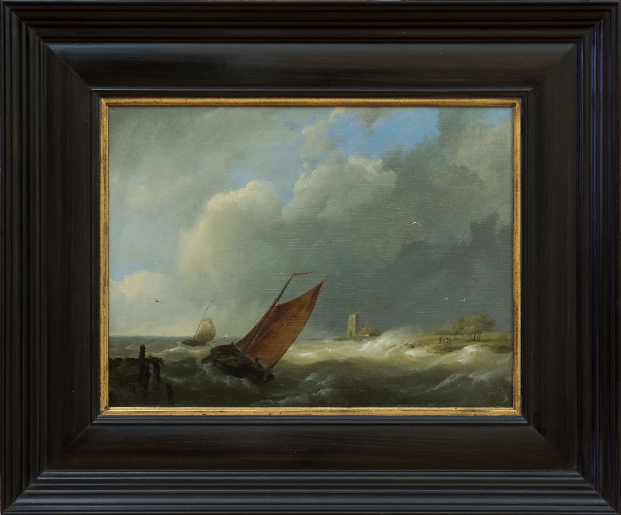 Koekkoek H.  | Hermanus Koekkoek | Paintings offered for sale | Sailing vessels in choppy coastal waters, oil on panel 18.7 x 24.8 cm, signed l.l. with initials