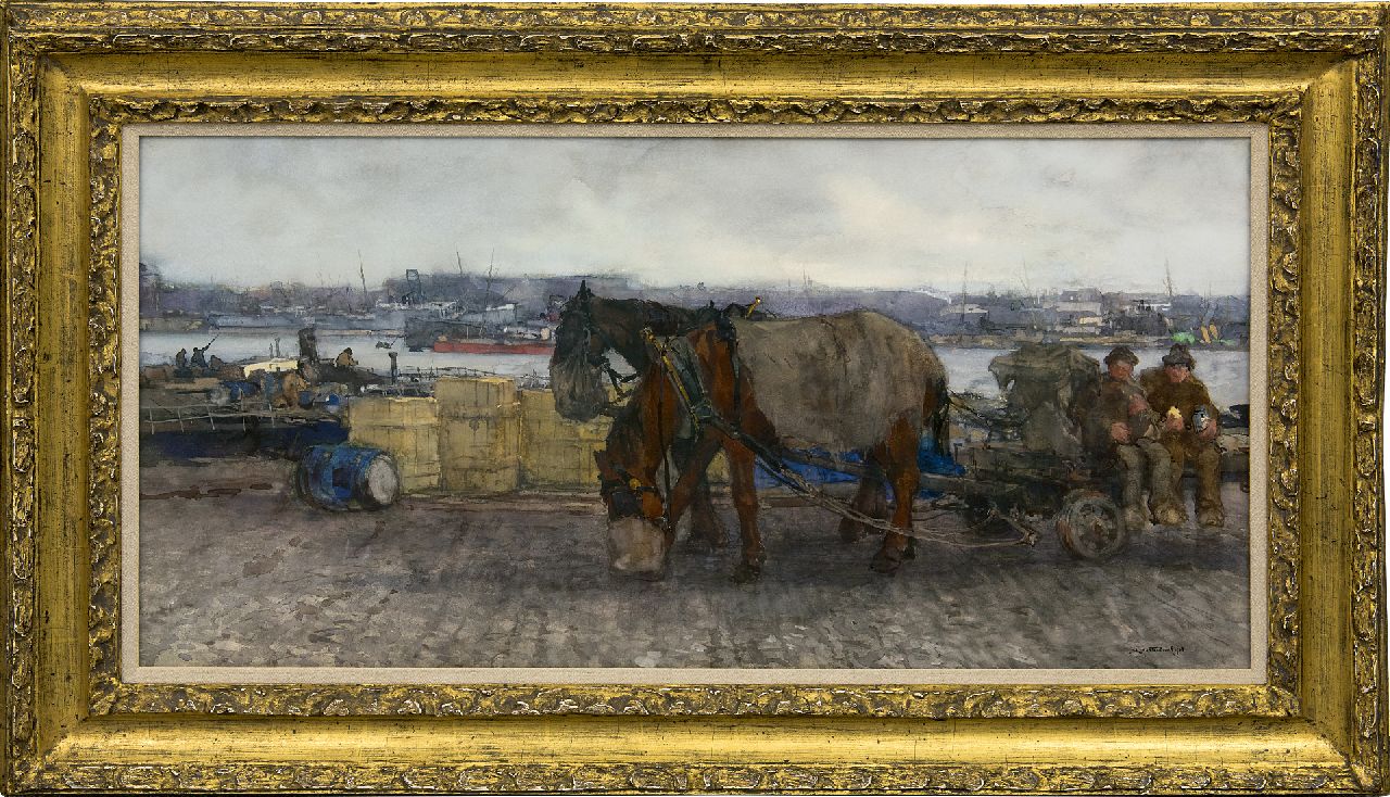 Mastenbroek J.H. van | Johan Hendrik van Mastenbroek, Lunchtime at the harbour of Rotterdam, watercolour on paper 46.5 x 91.0 cm, signed l.r. and dated 1903