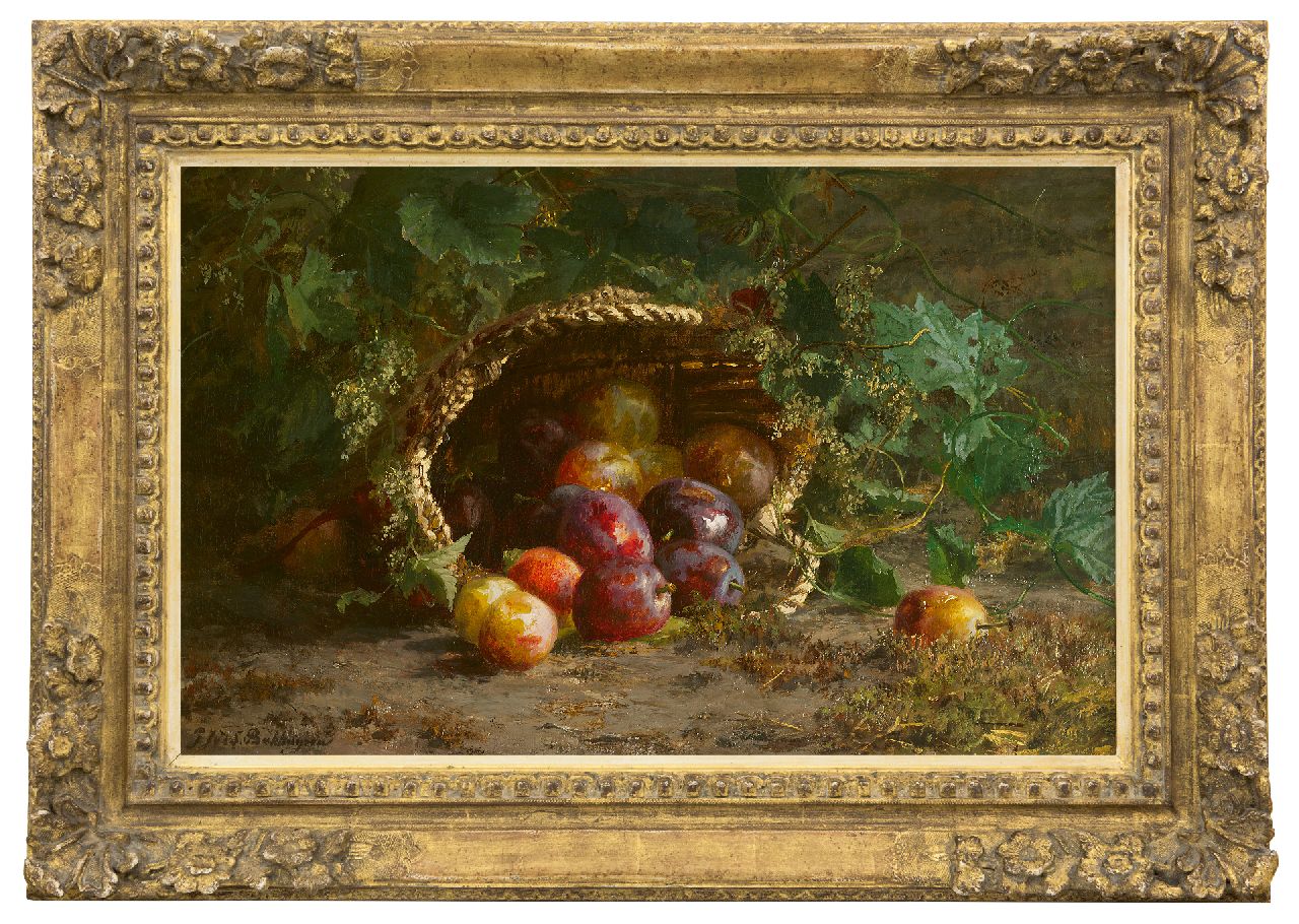 Sande Bakhuyzen G.J. van de | 'Gerardine' Jacoba van de Sande Bakhuyzen | Paintings offered for sale | Still life with prunes on a forest soil, oil on canvas 39.4 x 61.8 cm, signed l.l.