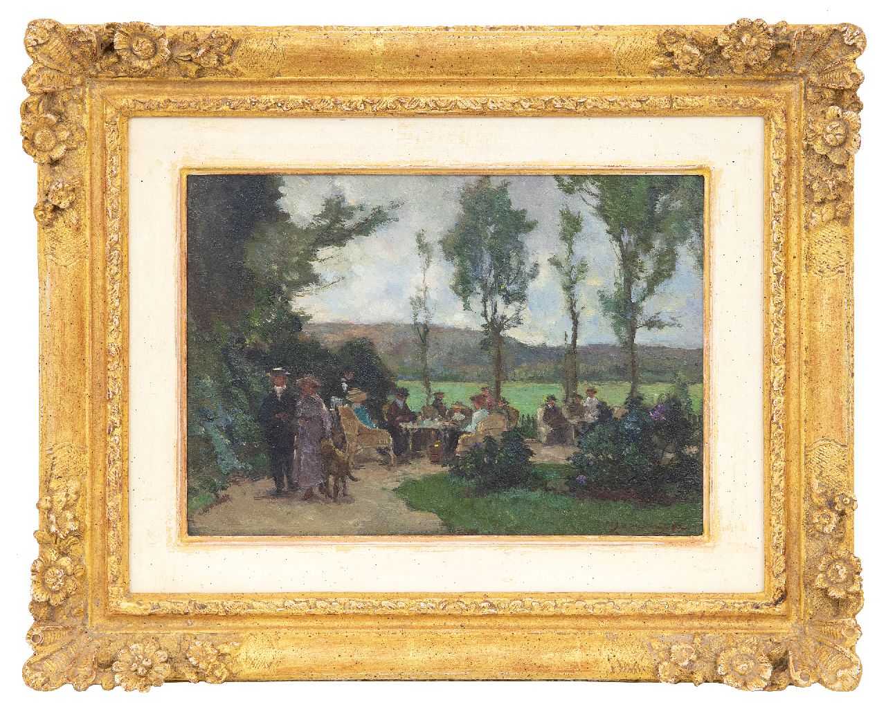 Akkeringa J.E.H.  | 'Johannes Evert' Hendrik Akkeringa | Paintings offered for sale | The tea garden, oil on panel 17.4 x 24.6 cm, signed l.r.