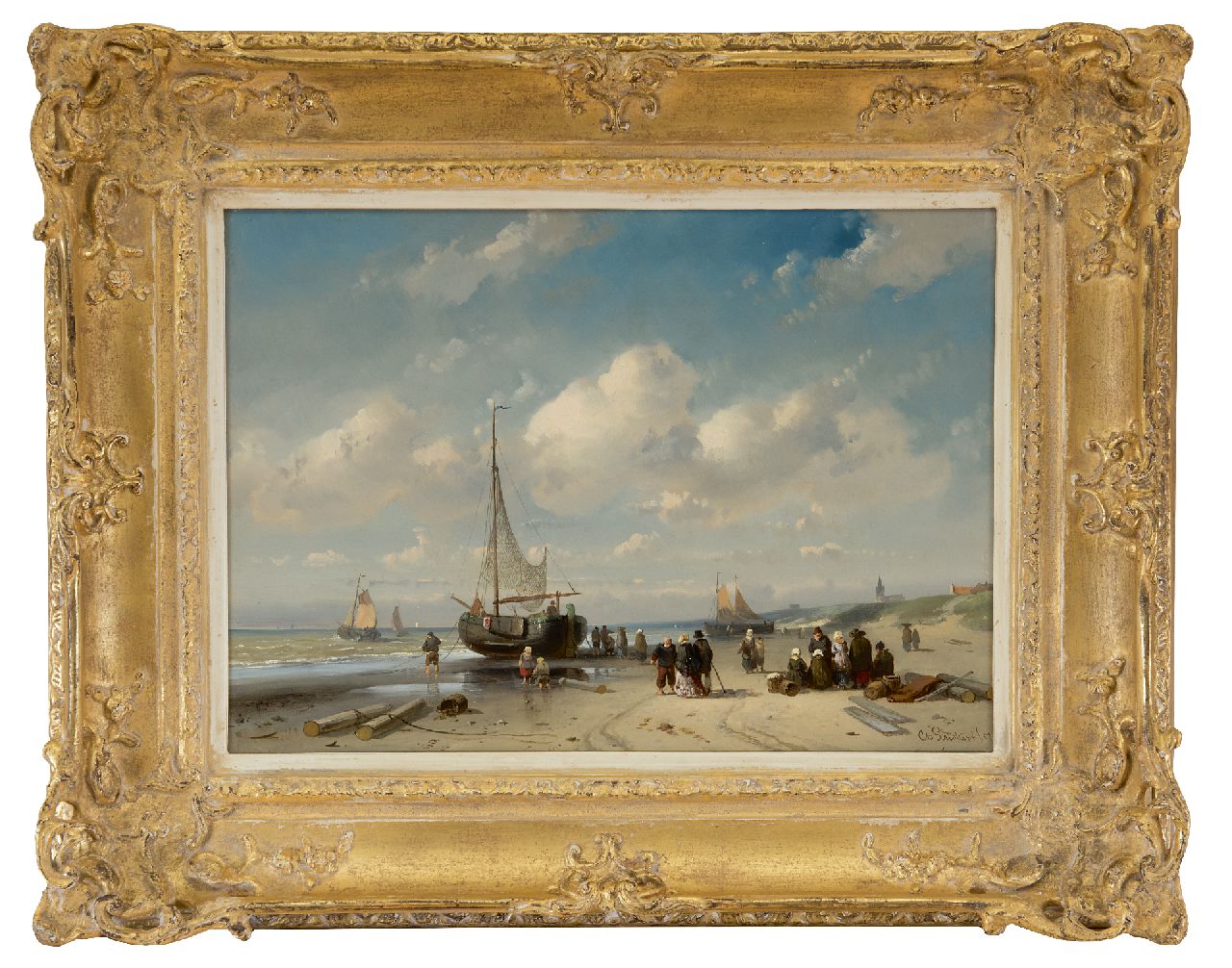 Leickert C.H.J.  | 'Charles' Henri Joseph Leickert | Paintings offered for sale | Fishermen and an elegant couple on the beach at Scheveningen, oil on panel 27.5 x 38.7 cm, signed l.r. in full and l.l. indistinctly and dated '57