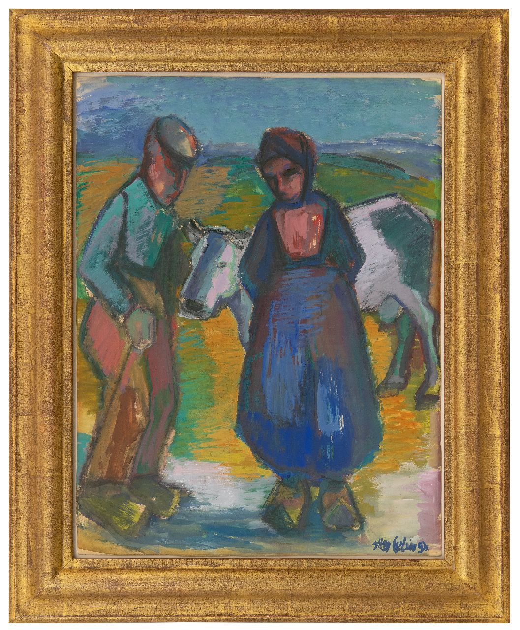 Eelsingh C.  | Christiana 'Stien' Eelsingh, A farmer's couple with a cow, gouache on paper 63.0 x 48.3 cm, signed l.r. and painted ca. 1950-1055