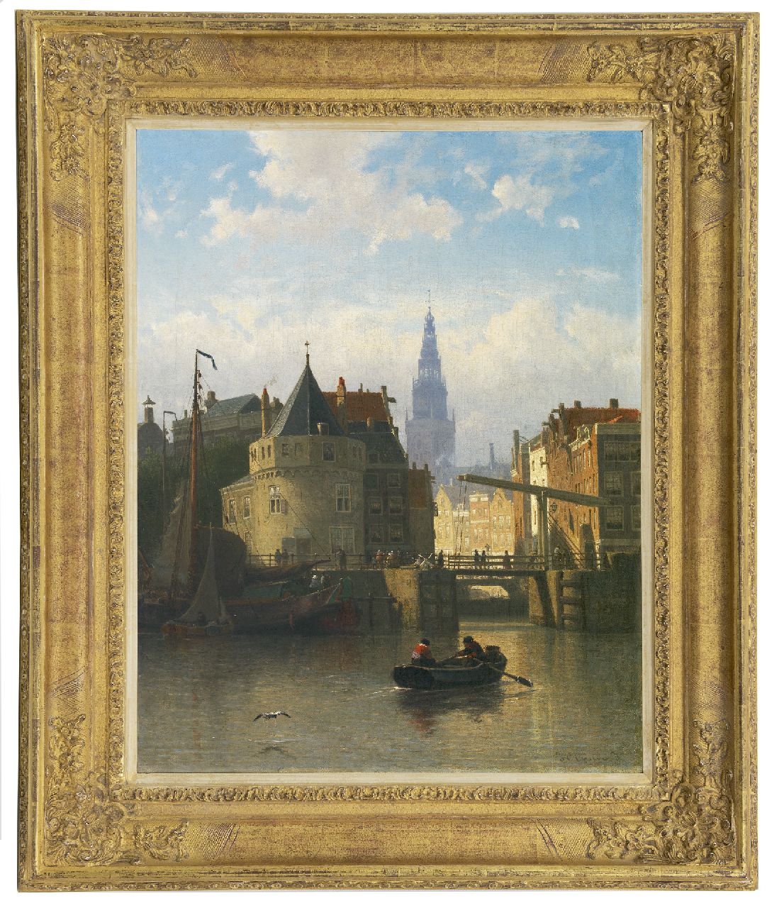 Greive J.C.  | Johan Conrad 'Coen' Greive, A view of Amsterdam, seen from the IJ, with the Schreierstower, oil on canvas 58.9 x 46.8 cm, signed l.r.