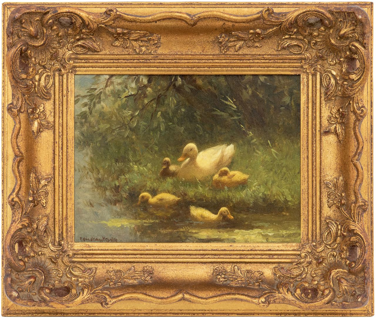 Artz C.D.L.  | 'Constant' David Ludovic Artz, Mother duck with ducklings on the waterfront, oil on panel 17.8 x 24.1 cm, signed l.l.