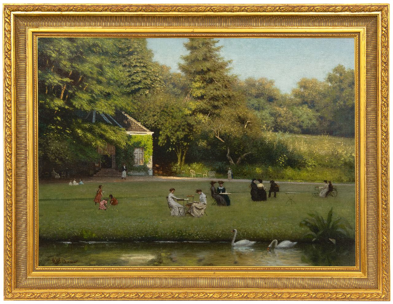 Willemsen W.J.  | Willem Jan Willemsen, Drinking tea in Park Sonsbeek, Arnhem, oil on canvas 50.5 x 69.5 cm, signed l.l.