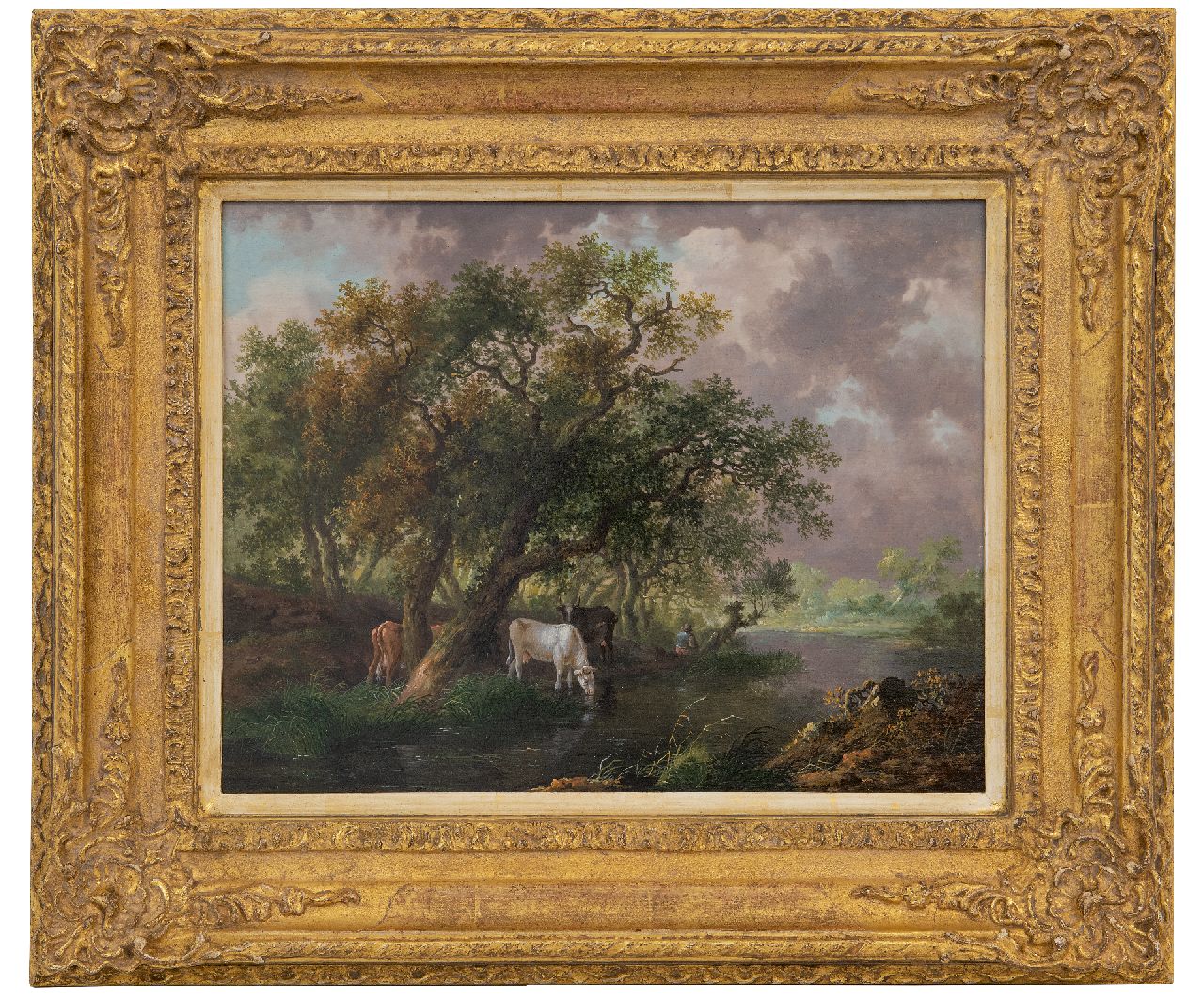 Renard F.T.  | Fredericus Theodorus Renard | Paintings offered for sale | Cattle watering by a wooded river, oil on panel 26.5 x 34.3 cm, signed (vague) on a label on the reverse and painted ca. 1815