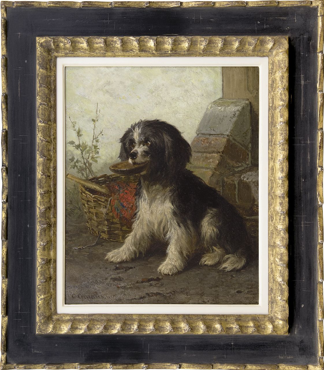 Cunaeus C.  | Conradijn Cunaeus, A sheepdog by a basket, oil on panel 34.2 x 28.5 cm, signed l.l.