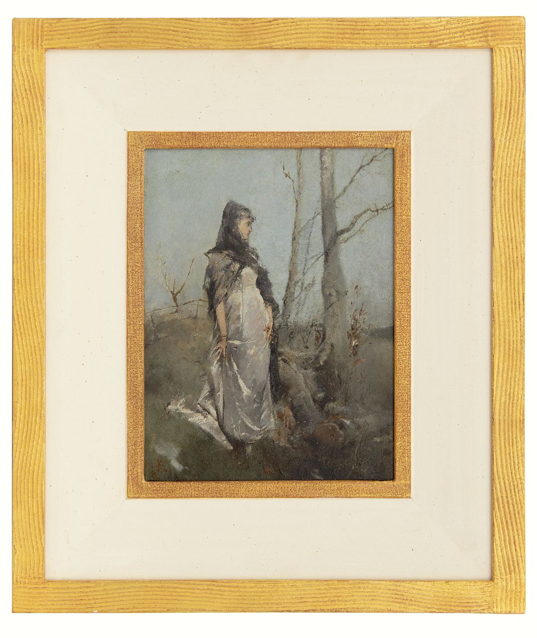 Haaxman P.A.  | Pieter Alardus Haaxman | Paintings offered for sale | Woman in a landscape, oil on panel 34.0 x 25.5 cm, signed l.l. with monogram and dated 1879