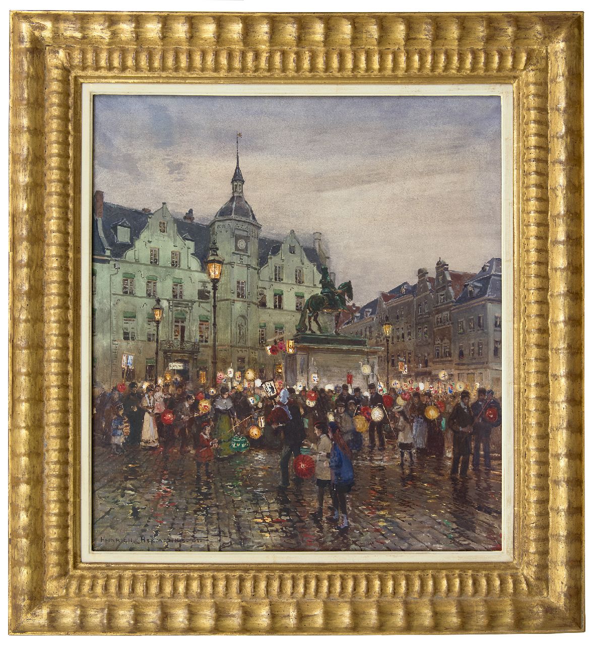 Hermanns H.  | Heinrich Hermanns, Saint Martin procession in front of the Düsseldorf town hall, watercolour and gouache on paper 58.2 x 52.3 cm, signed l.l. and dated '05