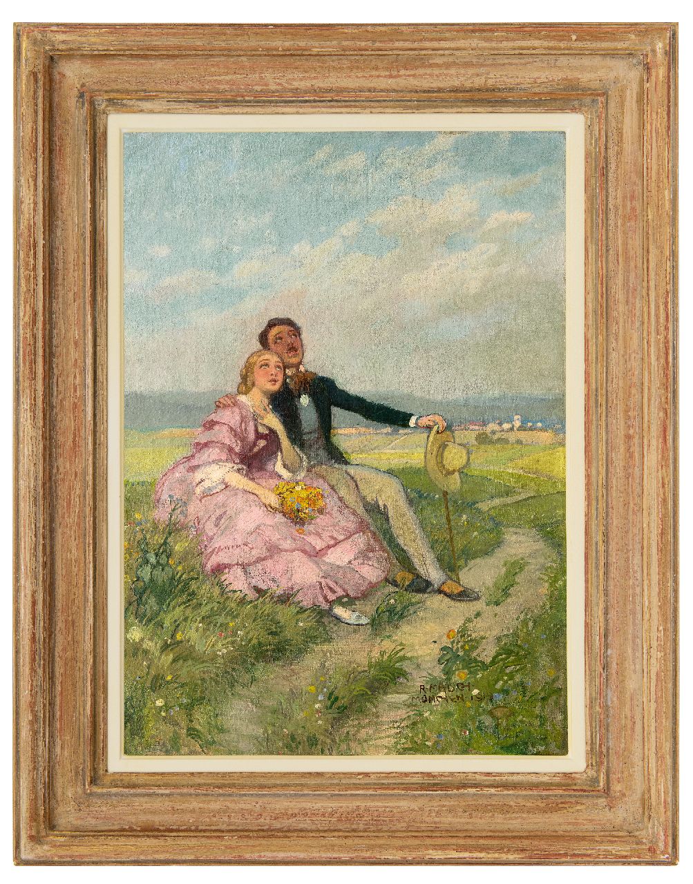 Mauch R.  | Richard Mauch | Paintings offered for sale | Romantic Sunday afternoon, oil on canvas 50.8 x 36.5 cm, signed l.r. and dated 'München 1919'