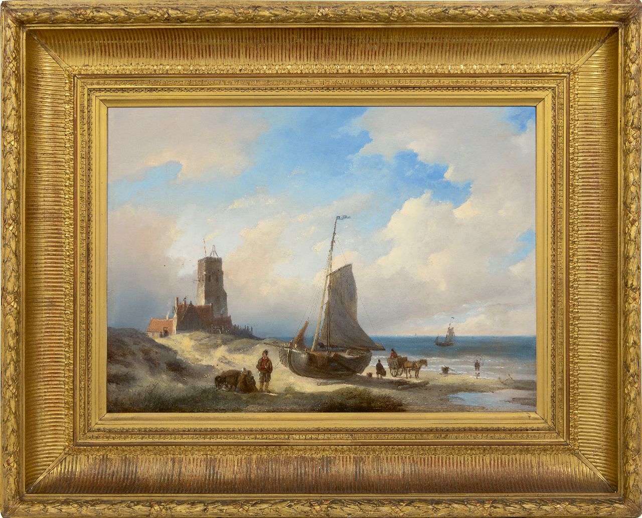 Spohler J.J.  | Jan Jacob Spohler, Beach scene near lighthouse Katwijk, oil on panel 46.8 x 64.9 cm, signed l.l.