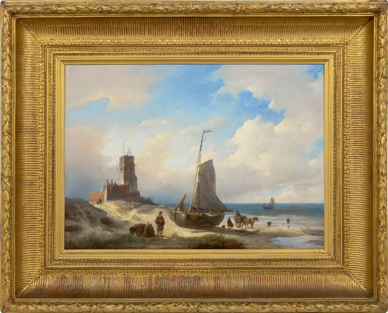 Spohler J.J.  | Jan Jacob Spohler, Beach scene near lighthouse Katwijk, oil on panel 46.8 x 64.9 cm, signed l.l.