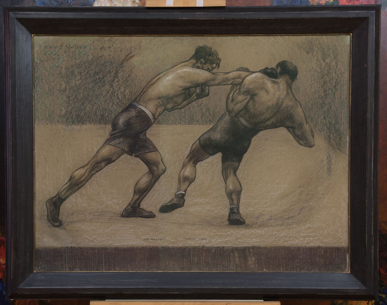 Sluiter J.W.  | Jan Willem 'Willy' Sluiter, Joe Beckett's fight against Tommy Burns, London 1920, charcoal and pastel on paper laid down on cardboard 74.3 x 99.0 cm, signed c.r. and dated 'London 1920'