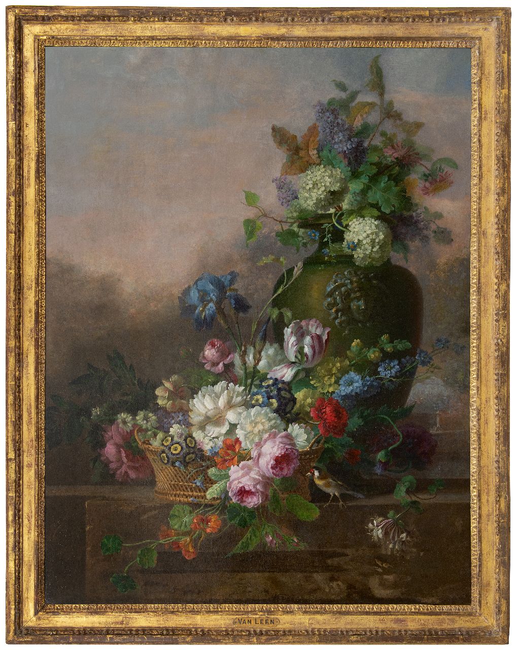 Leen W. van | Willem van Leen, A flower still life with roses, a tulip, an iris and other flowers, oil on canvas 116.2 x 90.8 cm, signed vaguely signed