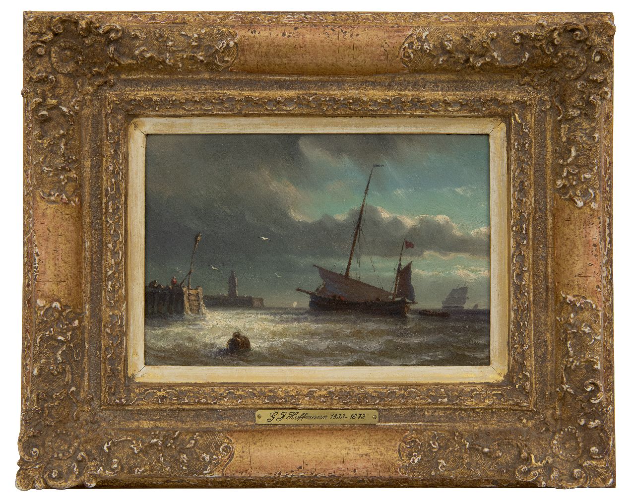 Hoffmann G.J.  | Georges Johannes Hoffmann | Paintings offered for sale | A sailing vessel lowering sail near a harbour entrance, oil on panel 12.9 x 18.6 cm