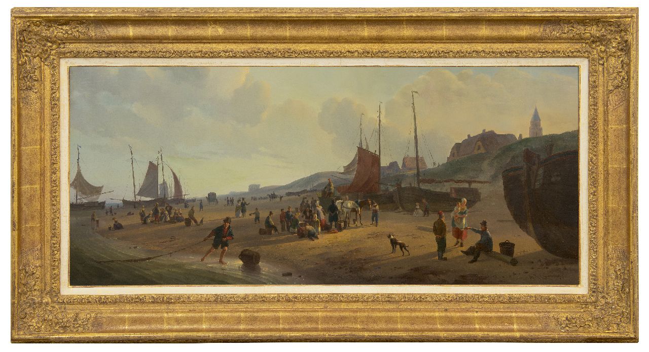 Couwenberg A.J.  | Abraham Johannes Couwenberg, Panoramic view on the beach near Scheveningen, oil on canvas 42.8 x 99.8 cm, signed l.r.