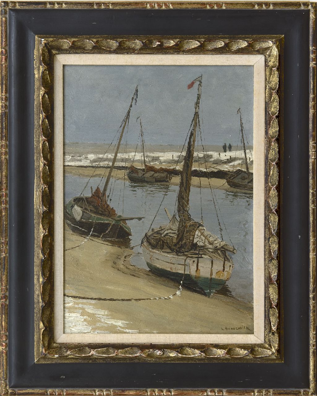 Berkemeier L.G.J.  | 'Ludolph' Georg Julius Berkemeier | Paintings offered for sale | Fishing boats on the 'Uitwatering' in Katwijk aan Zee at low tide, oil on panel 35.5 x 25.1 cm, signed l.r.