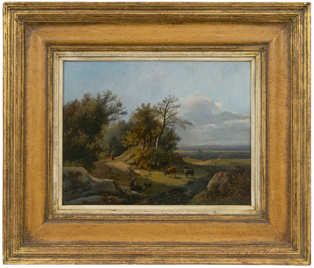Haan F.A. de | Franciscus Antonius de Haan, A shepherd with his cattle in a hilly landscape, oil on panel 21.2 x 26.9 cm, signed l.l. and dated 1850