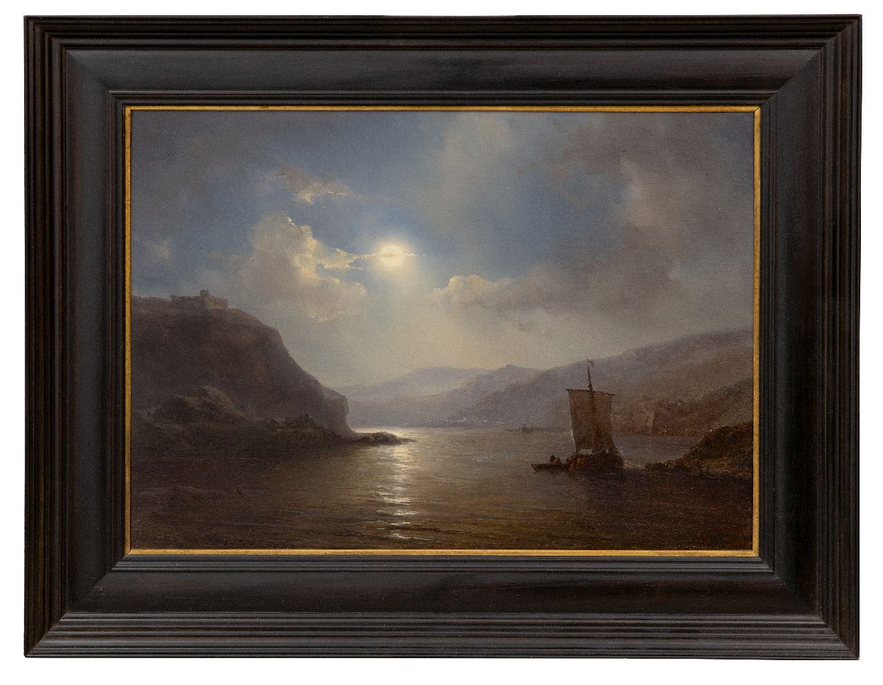 Meijer J.H.L.  | Johan Hendrik 'Louis' Meijer | Paintings offered for sale | A moonlit river landscape with a sailing ship, oil on panel 30.0 x 41.4 cm, signed l.r.