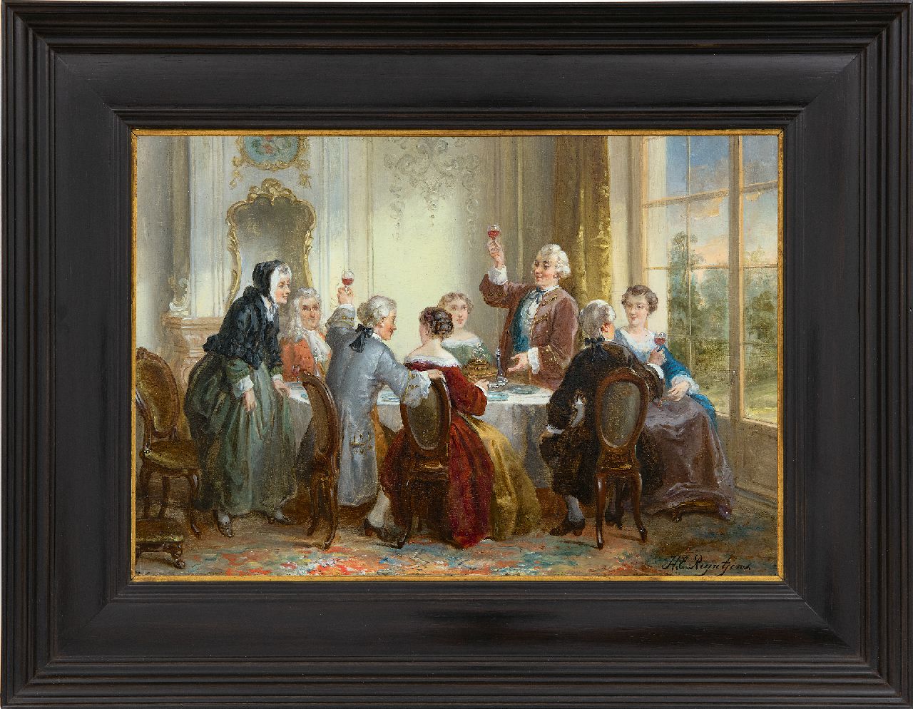 Reijntjens H.E.  | Henricus Engelbertus Reijntjens, The engagement dinner, oil on panel 22.9 x 33.5 cm, signed l.r.