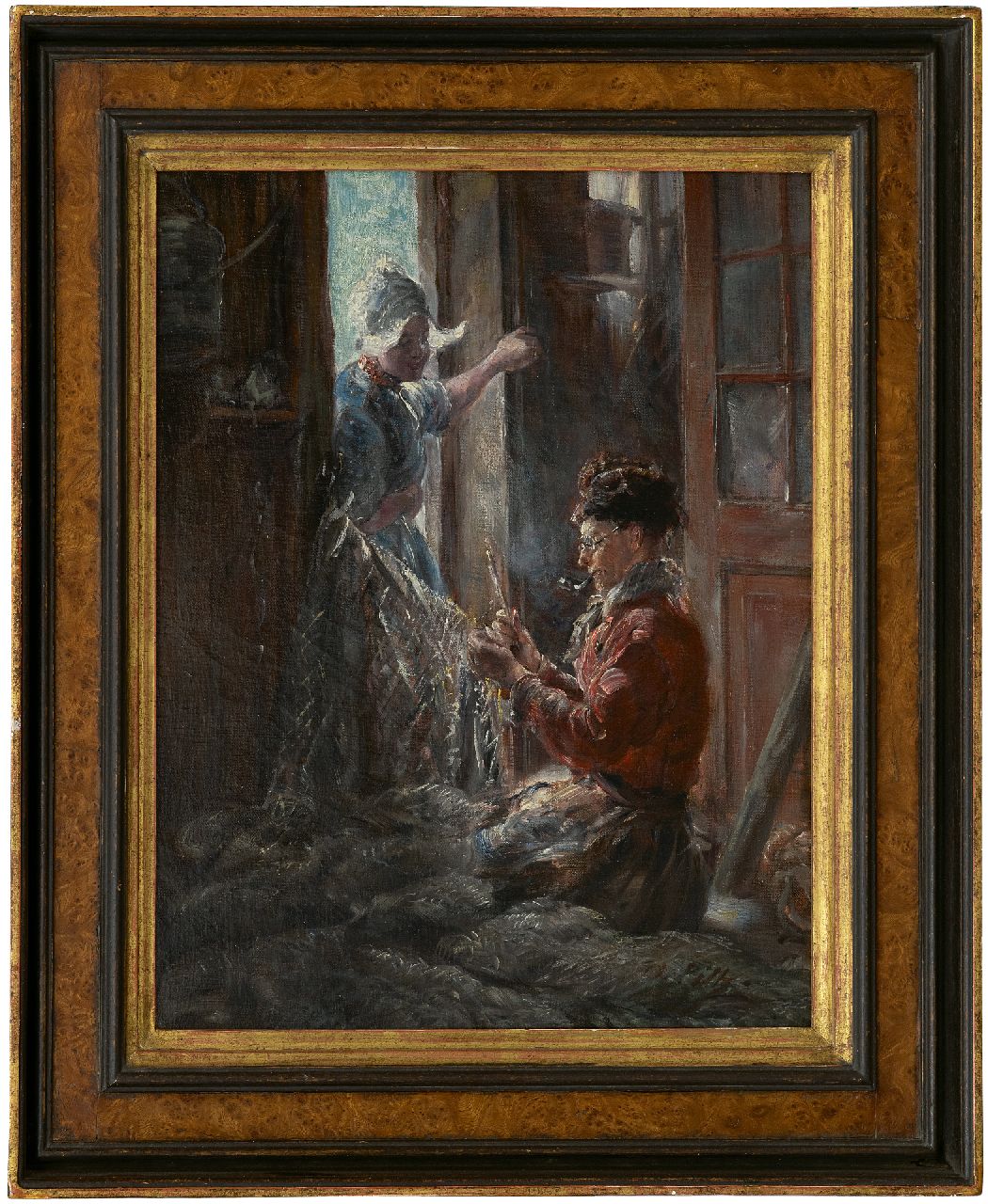 Piltz O.  | Otto Piltz, Repairing the nets, Volendam, oil on canvas 45.6 x 36.4 cm, signed l.r. and painted ca. 1909