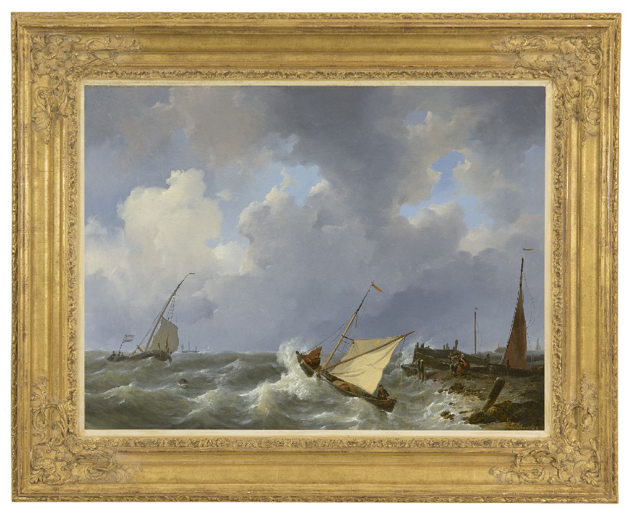 Schotel J.C.  | Johannes Christianus Schotel, Sailing ships on a choppy sea near a harbour, oil on canvas 55.6 x 73.4 cm, signed l.r. and dated 1825