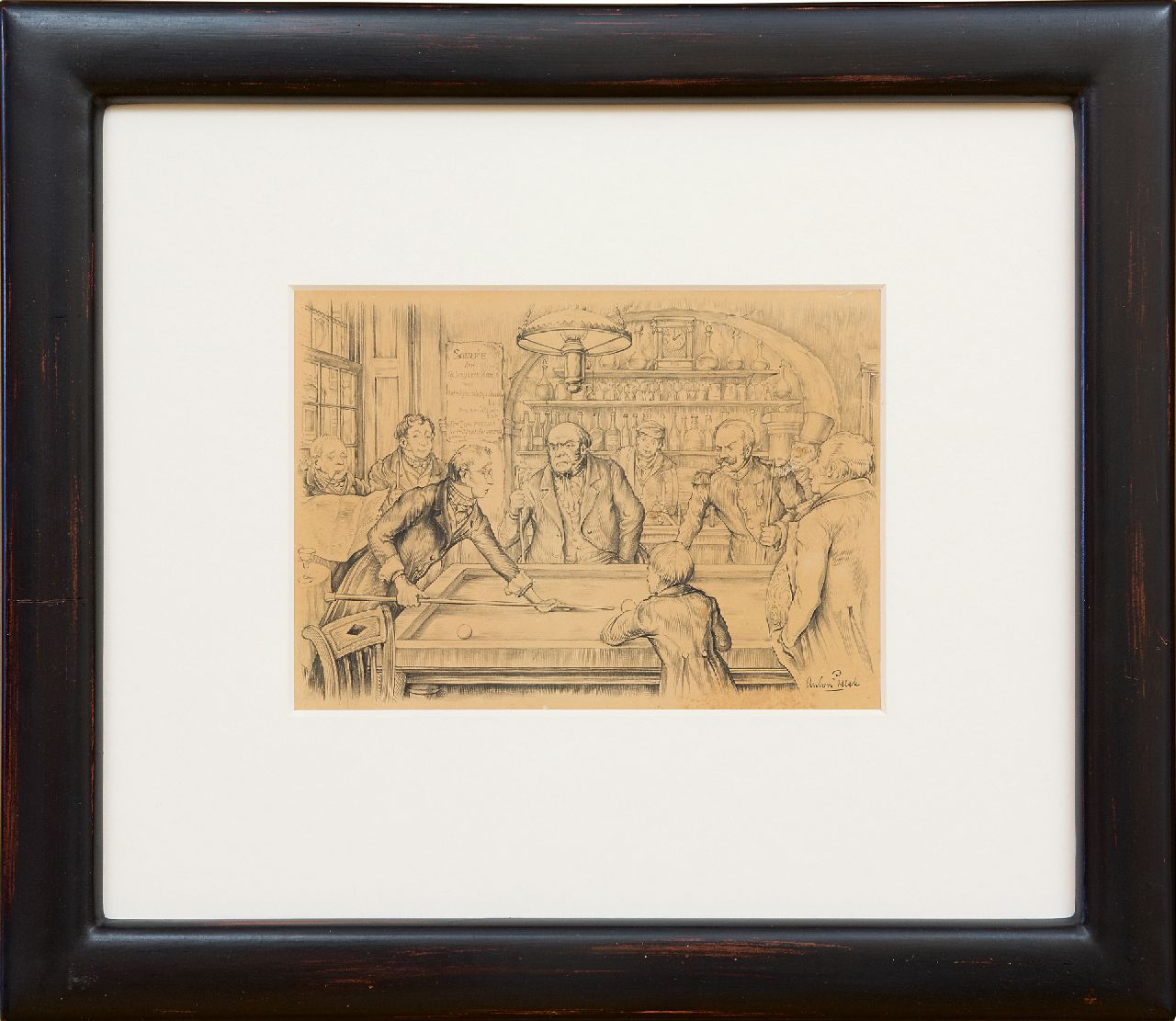 Pieck A.F.  | 'Anton' Franciscus Pieck, Playing billiard, pencil on paper 15.5 x 22.0 cm, signed l.r.