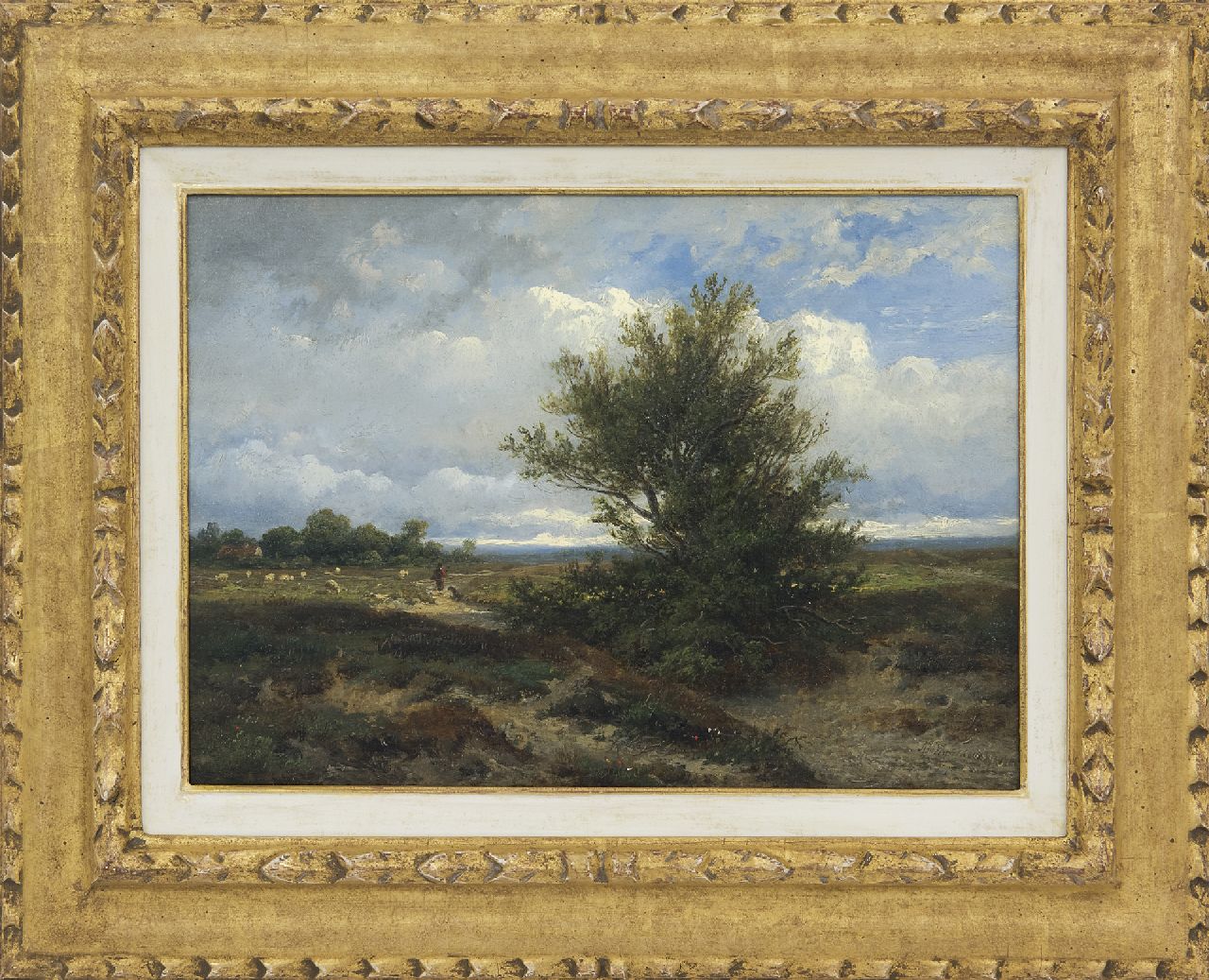 Wijngaerdt A.J. van | Anthonie Jacobus van Wijngaerdt | Paintings offered for sale | A landscape with shepherd and his flock, oil on panel 22.3 x 31.0 cm, signed l.r. and dated 1865