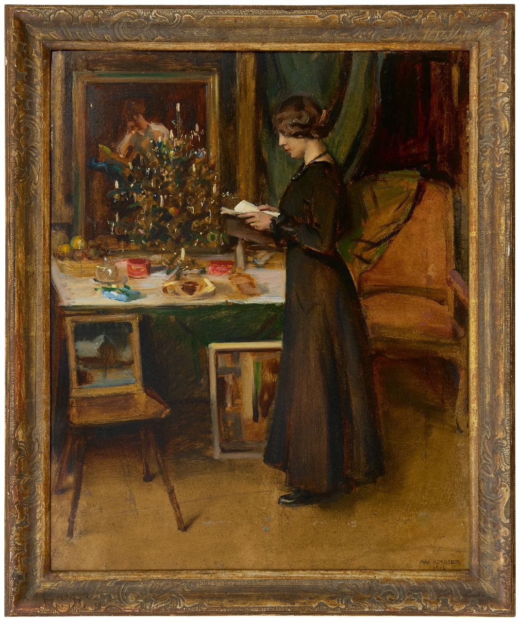 Rimböck M.  | Max Rimböck, Young woman by a Christmas tree, oil on painter's board 63.2 x 51.1 cm, signed l.r. and dated 1918